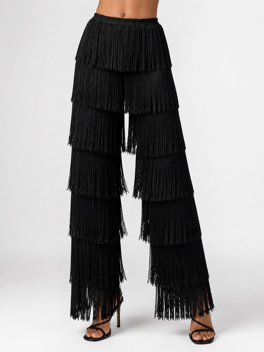 Fringed Tiered Wide-Leg Pants - Black